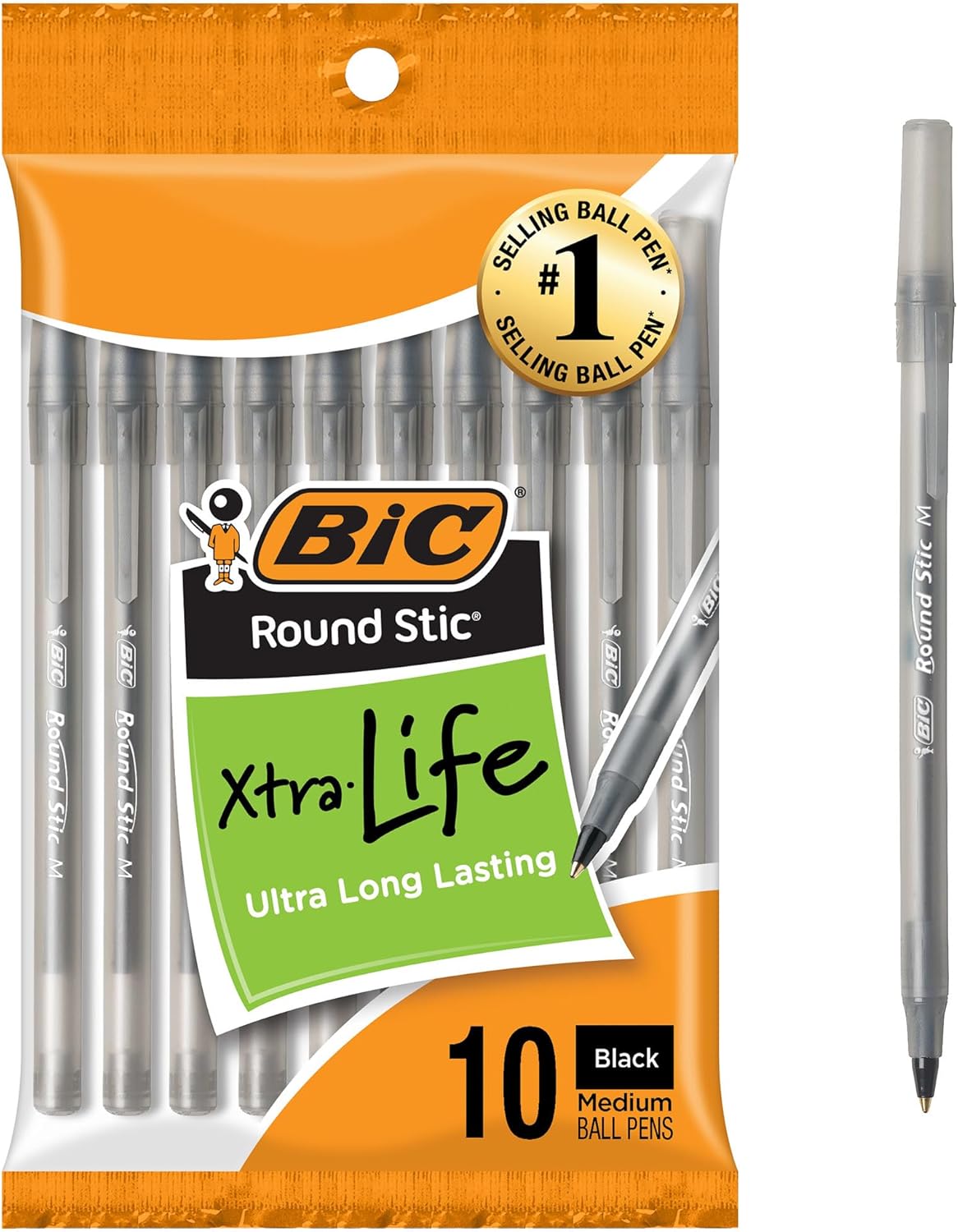 BIC Round Stic Xtra Life Black Ballpoint Pens, Medium Point 10-Count Pack