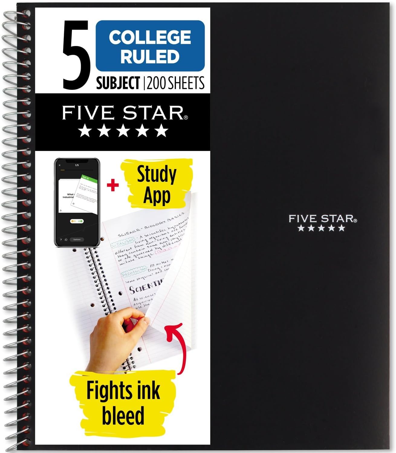 Five Star Spiral Notebook + Study App, 5 Subject, College Ruled Paper 8 1/2" x 11, 200 Sheets