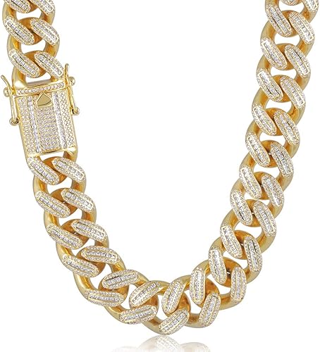 Hip Hop Mens 18mm White Gold/18K Gold Plated Full Iced Out Baguette Miami Cuban Link Chain