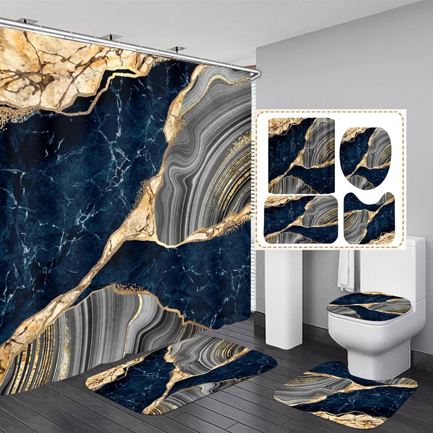 Nkzply 4 Pcs Black Marble Shower Curtain Sets with Rugs Gold Bathroom Set with Shower Curtain