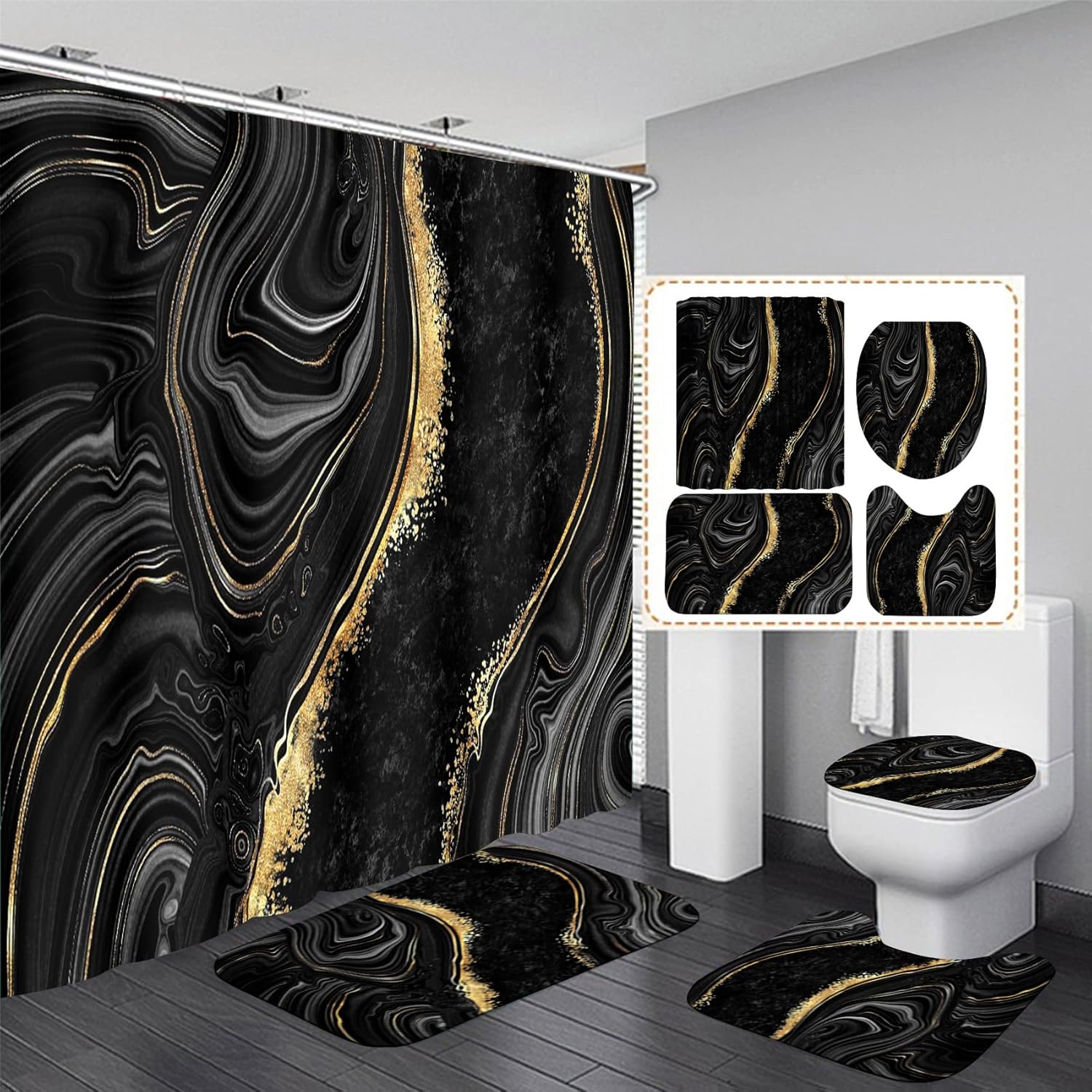 Nkzply 4 Pcs Black Marble Shower Curtain Sets with Rugs Gold Bathroom Set with Shower Curtain