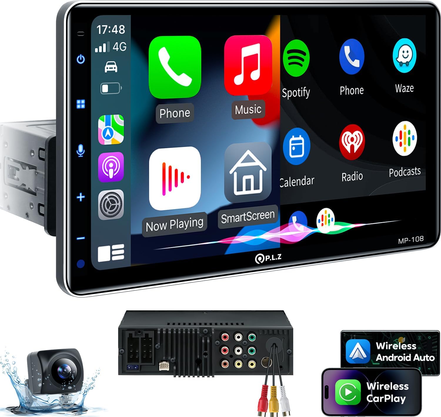 PLZ 10.1" Wireless Single Din Car Radio Stereo with Apple Carplay Android Auto Touch Screen