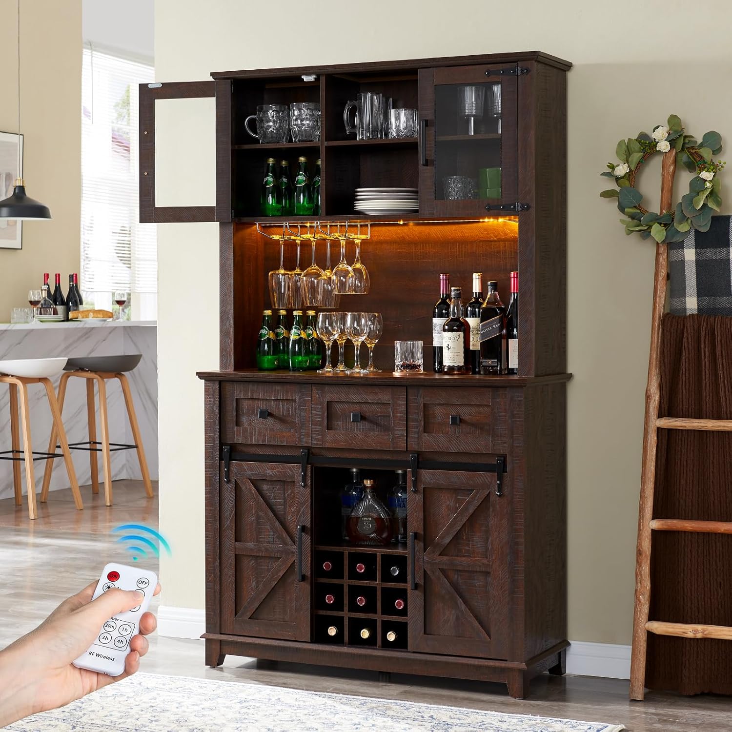 AMERLIFE 72" Coffee Wine Bar Cabinet with Sliding Barn Door