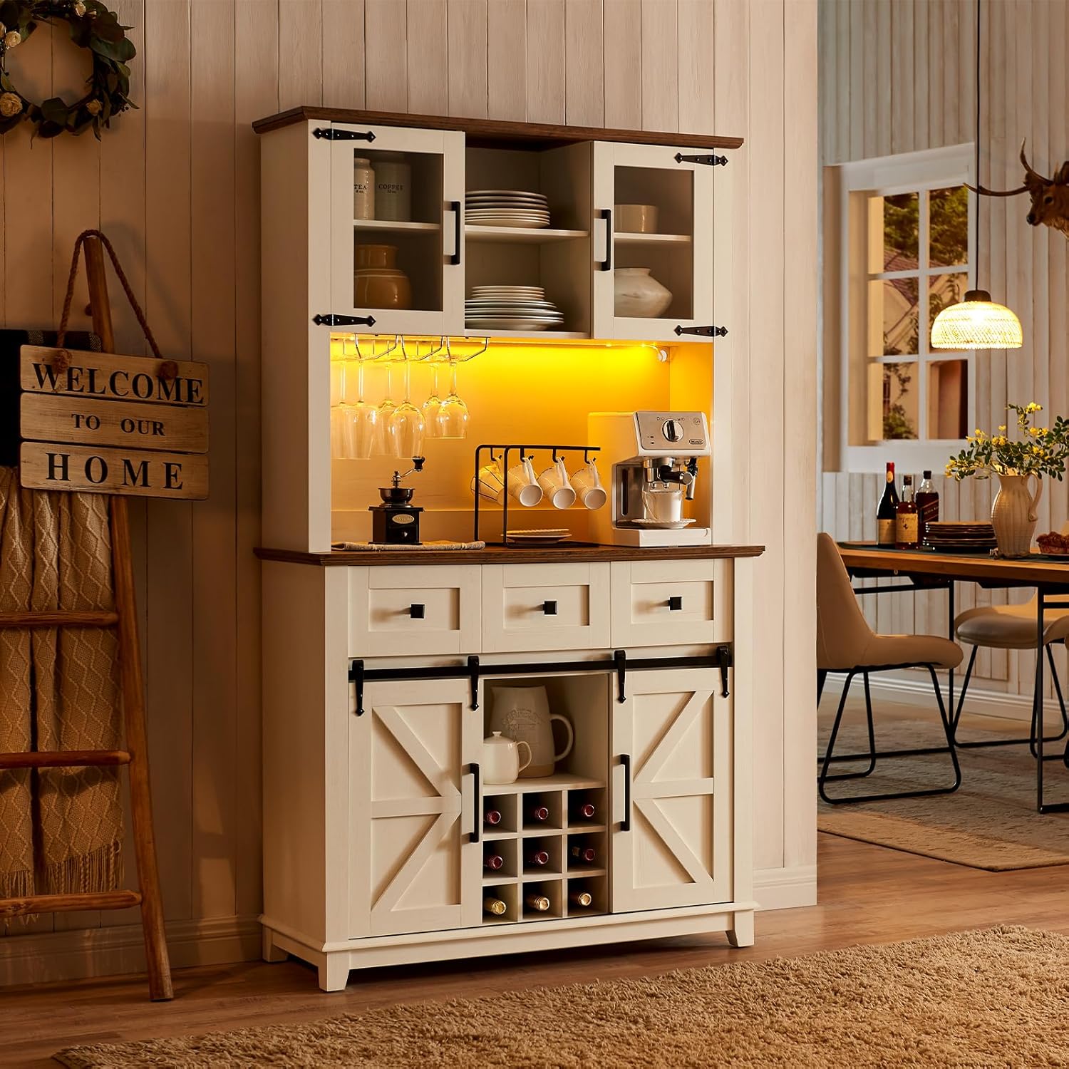 AMERLIFE 72" Coffee Wine Bar Cabinet with Sliding Barn Door