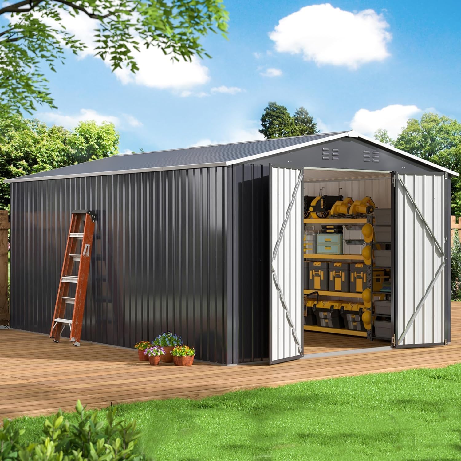 WKM 10x14 FT Outdoor Storage Shed, Utility Metal Tool Storage with Lockable Doors