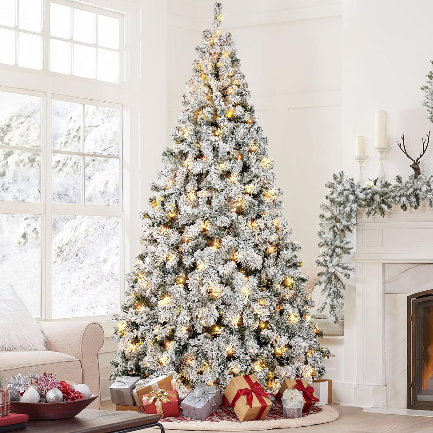 7.5ft Pre-Lit Snow Flocked Artificial Christmas tree, Premium pre-Lighted Holiday Xmas Tree