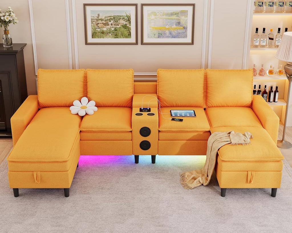 Sectional Couches for Living Room, 4 Seat Sectional Sofa with Smart Module-Bluetooth Speaker
