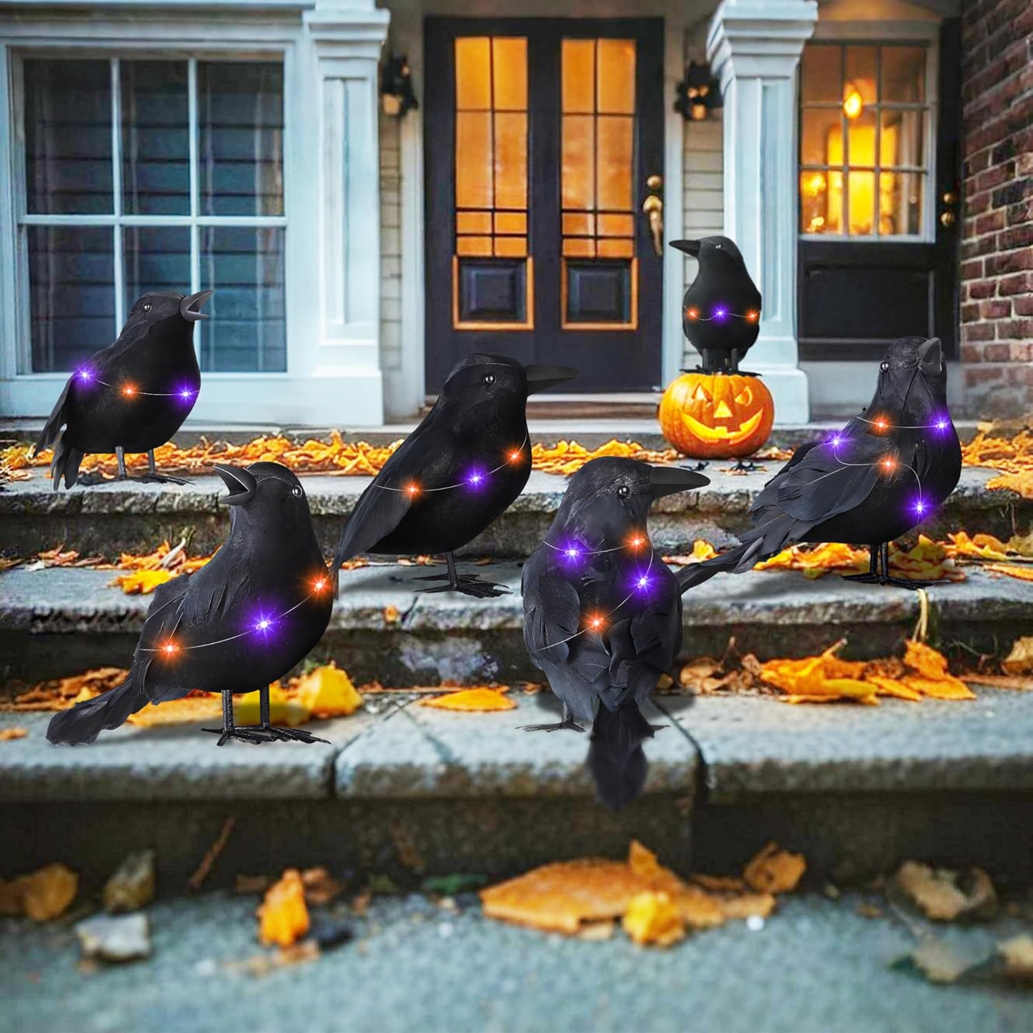 6 Packs Halloween Crows Decorations Realistic black Feathered Lighted Crow with Orange and Purple Lights